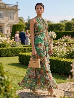 Betsy & Adam Floral-Print Ruffled Halter Gown